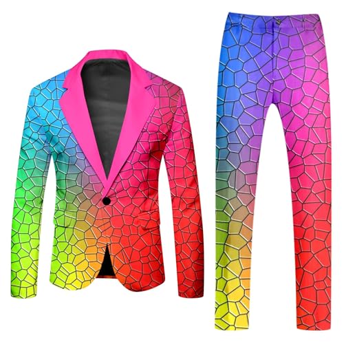 Mymyguoe Neon Farbigen Anzug 2 Teiler Herren Slim Fit Anzugjacke Anzughosen Zweiteiler Set Lustig Neuartiger Regenbogen Anzug Blazer Set Neon Thema Party-Outfit Disco-Nachtclub Performance Kostüm Set von Mymyguoe