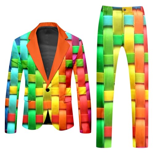 Mymyguoe Neon Farbigen Anzug 2 Teiler Herren Slim Fit Anzugjacke Anzughosen Zweiteiler Set Lustig Neuartiger Regenbogen Anzug Blazer Set Neon Thema Party-Outfit Disco-Nachtclub Performance Kostüm Set von Mymyguoe