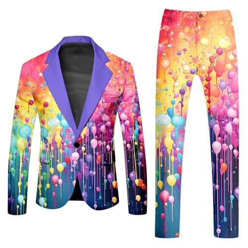 Mymyguoe Neon Farbigen Anzug 2 Teiler Herren Slim Fit Anzugjacke Anzughosen Zweiteiler Set Lustig Neuartiger Regenbogen Anzug Blazer Set Neon Thema Party-Outfit Disco-Nachtclub Performance Kostüm Set von Mymyguoe