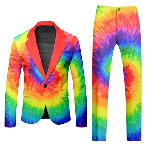 Mymyguoe Neon Farbigen Anzug 2 Teiler Herren Slim Fit Anzugjacke Anzughosen Zweiteiler Set Lustig Neuartiger Regenbogen Anzug Blazer Set Neon Thema Party-Outfit Disco-Nachtclub Performance Kostüm Set von Mymyguoe
