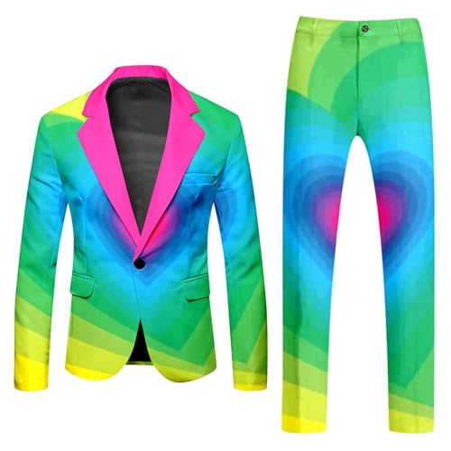 Mymyguoe Neon Farbigen Anzug 2 Teiler Herren Slim Fit Anzugjacke Anzughosen Zweiteiler Set Lustig Neuartiger Regenbogen Anzug Blazer Set Neon Thema Party-Outfit Disco-Nachtclub Performance Kostüm Set von Mymyguoe