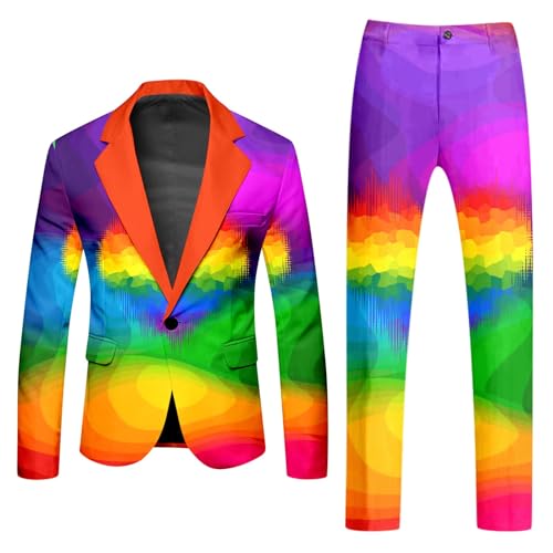 Mymyguoe Neon Farbigen Anzug 2 Teiler Herren Slim Fit Anzugjacke Anzughosen Zweiteiler Set Lustig Neuartiger Regenbogen Anzug Blazer Set Neon Thema Party-Outfit Disco-Nachtclub Performance Kostüm Set von Mymyguoe