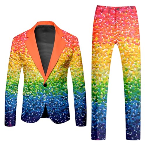 Mymyguoe Neon Farbigen Anzug 2 Teiler Herren Slim Fit Anzugjacke Anzughosen Zweiteiler Set Lustig Neuartiger Regenbogen Anzug Blazer Set Neon Thema Party-Outfit Disco-Nachtclub Performance Kostüm Set von Mymyguoe