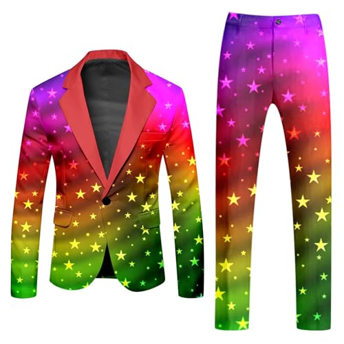 Mymyguoe Neon Farbigen Anzug 2 Teiler Herren Slim Fit Anzugjacke Anzughosen Zweiteiler Set Lustig Neuartiger Regenbogen Anzug Blazer Set Neon Thema Party-Outfit Disco-Nachtclub Performance Kostüm Set von Mymyguoe