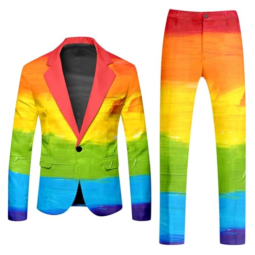Mymyguoe Neon Farbigen Anzug 2 Teiler Herren Slim Fit Anzugjacke Anzughosen Zweiteiler Set Lustig Neuartiger Regenbogen Anzug Blazer Set Neon Thema Party-Outfit Disco-Nachtclub Performance Kostüm Set von Mymyguoe