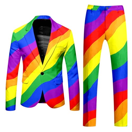 Mymyguoe Neon Farbigen Anzug 2 Teiler Herren Slim Fit Anzugjacke Anzughosen Zweiteiler Set Lustig Neuartiger Regenbogen Anzug Blazer Set Neon Thema Party-Outfit Disco-Nachtclub Performance Kostüm Set von Mymyguoe