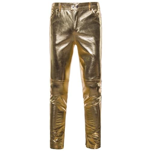 Mymyguoe Nightclub-Hose für Herren in Metallic-Gold mit geradem Bein Glänzend Gold beschichtet Metallic Hosen Bühne Perform Sänger Disco Hose Casual Straight Leg Kunstleder Motorrad Biker Hose von Mymyguoe
