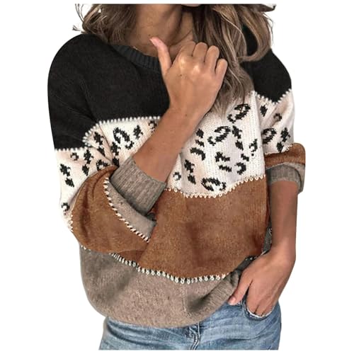 Mymyguoe Oversize Pullover Damen Leopard Grobstrick Strickpullover Pullover Casual Stricken Sweater Lange Ärmel Pulli Farbblock Sweatshirt Elegant Jumper Rundhals Lose Oberteile Herbst Winter Outwear von Mymyguoe