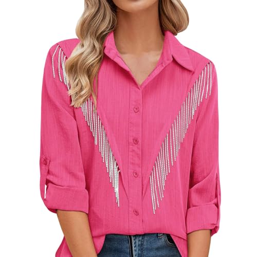 Mymyguoe Pailletten Fransen Hemd Damen Baggy Konzert Outfits Karneval Kostüm 3/4 Ärmel Glänzend Oberteil Glitzer Knopfleiste Hemdbluse Western Cowgirl Outfit Nashville Konzert Quasten Tshirt von Mymyguoe