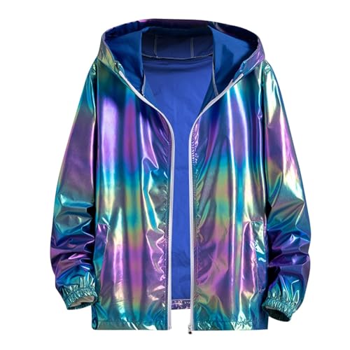 Mymyguoe Reflektierende Licht Jacke Herren Rainbow Glänzende Jacke Sonnenschutz Langarmshirt Hoodie Modische Farb-Verlauf Glänzend Jackett Regenbogen Metallischen Glänzenden Kapuzen Jacke Pilotenjacke von Mymyguoe