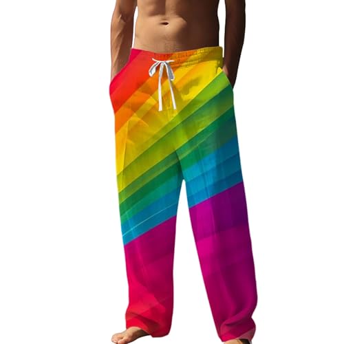 Mymyguoe Regenbogen Leinen Hose Herren Damen Lgbt Jogginghose Gay Pride Rainbow Flag Sporthose Leinen Freizeithose Jogging Hose Traininghose Fitness Yoga Hose Hawaii Strandhose Jogginghosen Herrenhose von Mymyguoe