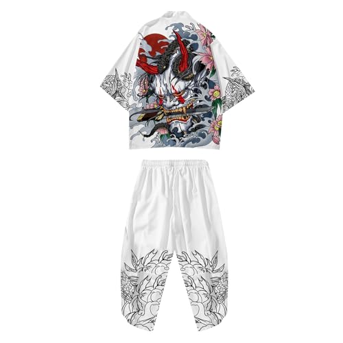 Mymyguoe Sommer Kimono 2 Teile Herren Japanische Traditioneller Freizeitanzug Cardigan Jacke 2 Teiler Mit 3D Drucken Hosenanzug Harajuku Loose Anime Kleidung Cosplay Strickjacke Oversized von Mymyguoe