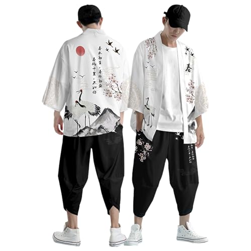 Mymyguoe Sommer Kimono 2 Teile Herren Japanische Traditioneller Freizeitanzug Cardigan Jacke 2 Teiler Mit 3D Drucken Hosenanzug Harajuku Loose Anime Kleidung Cosplay Strickjacke Oversized von Mymyguoe