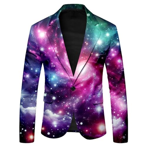 Mymyguoe Sternenhimmel Anzugjacke Herren Smokingjacke Lustige Partyjacke Glitzer Anzugmantel Karneval Kostüm Galaxy 3D Drucken Sakko Slim Fit EIN-Knopf Blazer Karneval Paillettenjacke von Mymyguoe