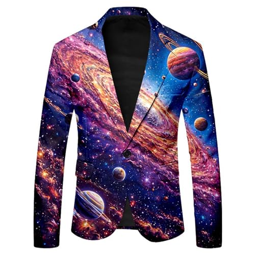 Mymyguoe Sternenhimmel Anzugjacke Herren Smokingjacke Lustige Partyjacke Glitzer Anzugmantel Karneval Kostüm Galaxy 3D Drucken Sakko Slim Fit EIN-Knopf Blazer Karneval Paillettenjacke von Mymyguoe