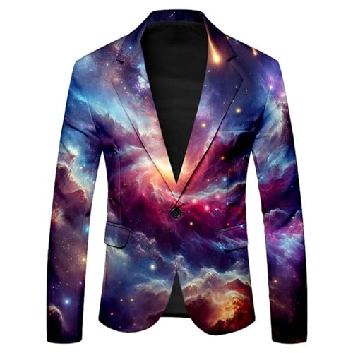 Mymyguoe Sternenhimmel Anzugjacke Herren Smokingjacke Lustige Partyjacke Glitzer Anzugmantel Karneval Kostüm Galaxy 3D Drucken Sakko Slim Fit EIN-Knopf Blazer Karneval Paillettenjacke von Mymyguoe