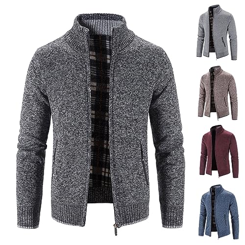 Mymyguoe Strickfleecejacke Herren Trachten Strickjacke Herren Fleecejacke Cardigan Stehkragen Winterjacke Sweatjacke Trachtenjacke Mit Reißverschluß Fleece Gefüttert Übergangsjacke Pullover von Mymyguoe