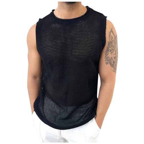 Mymyguoe Tank Top Herren Strick Netzshirt Transparent Ärmellos T-Shirt Mesh Muskel Netz Oberteil Durchsichtig Netzhemd Netzshirt Herren Atmungsaktiv Netzoberteil Muskelshirts Herren Fitness Vest von Mymyguoe