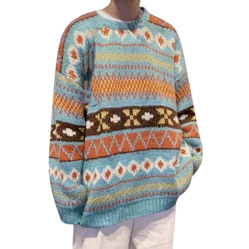 Mymyguoe Vintage Strickpullover Oversized Herren Winterpullover Nationaler Stil Trendiger Frühlingspullover Retro Stil Winterpullover Norweger Pullover Rundhalsausschnitt Strickpulli Jumper von Mymyguoe