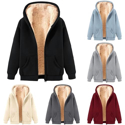 Mymyguoe Winterjacke Damen Warm Fleecejacke Winter Sweatjacke Mit Kapuze Essentials Hoodie Elegant Einfarbig Übergangsjacke Kapuzenpullover Mit Taschen Wintermantel Mit Reißverschluss Plüschjacke von Mymyguoe