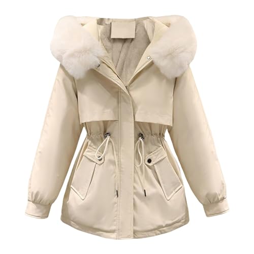 Mymyguoe Winterjacke Damen Warm Gefüttert Kapuzenmantel Mit Fellkapuze Winterparka 2024 Flauschig Mantel Daunenmantel Lose Teddyjacke Übergangsmantel Elegant Dicke Coat Winter Parka Bequemes von Mymyguoe