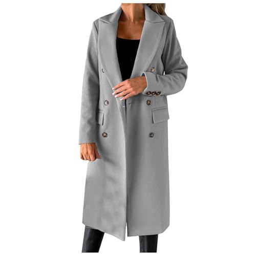 Mymyguoe Wintermantel Lang Damen Trenchcoat Zweireiher Elegante Winterjacke Einfarbig Coat Cabanjacke Übergangsmantel Reverskragen Freizeitjacke Winddichte Windbreaker Tweed Jacke Freizeitmantel von Mymyguoe