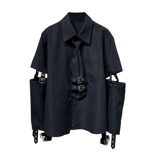 Mymyguoe Y2K Schwarze Punk Hemd Herren Streetwear Teenager Jungen Freizeithemd Bluse Gothic Kleidung Mit Krawatte Harajuku Hippie Langarmhemd Übergroßes Patchwork Y2K Hemden von Mymyguoe