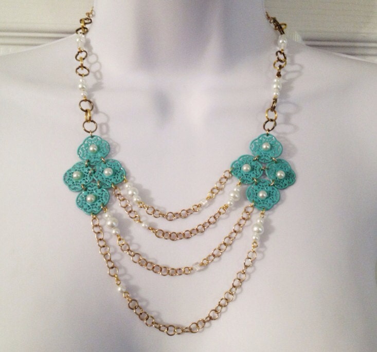Aqua Und Gold Zarte Lätzchen Halskette - Multi-Kette/Frühling Aussage Filagree Baby Blau Aqua Und Gold Zarte Lätzchen Halskette - Multi-Kette/Frühling Aussage Filagree Baby Blau von MynisaUnique