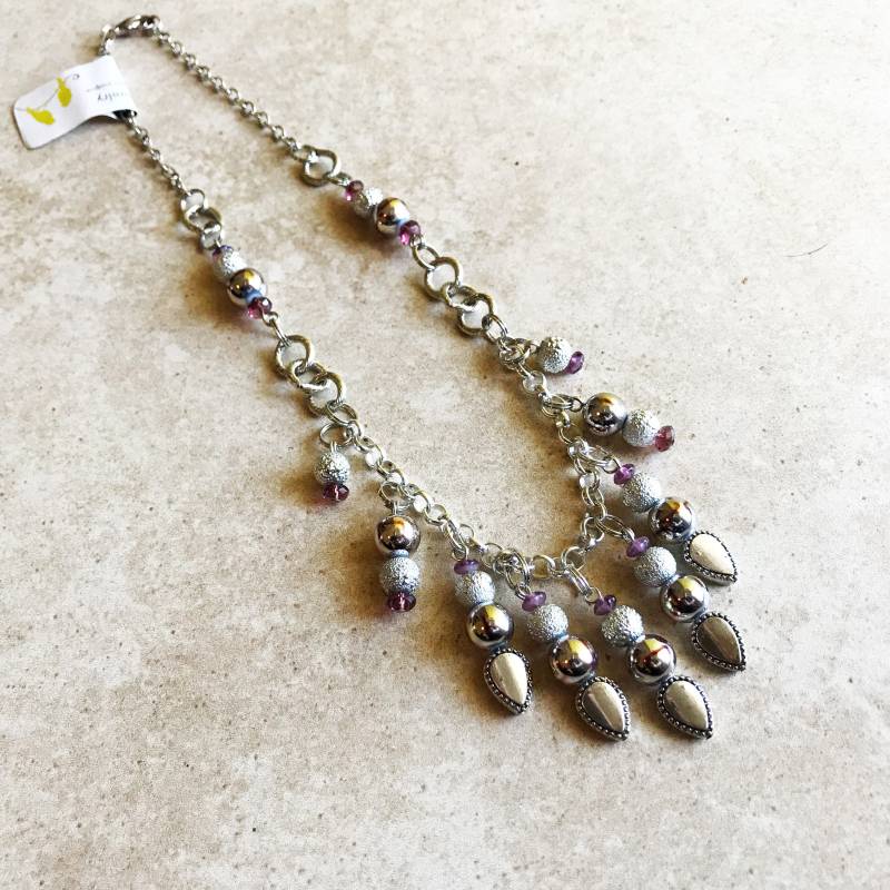 Silber Grau Und Lila Perlen Kragen Baumeln Stammes-Halskette von MynisaUnique