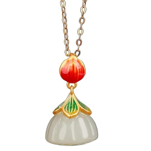 Jade-Anhänger-Halskette, Jade-Anhänger für Männer, Sterling Silber Halskette Feng Shui Halskette Hetian Jade Lotus Anhänger Glücksbringer Halskette Emaille Silber Gold Kette Halskette for Frauen Zierl von MyrXFb