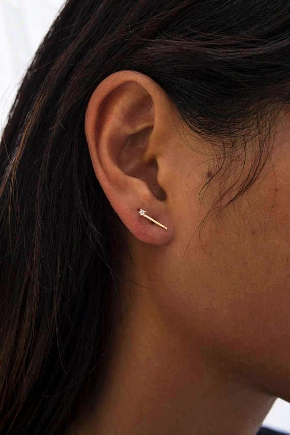 Lange 14 Karat Gold Line Ohrringe Mit Stein - Solid Ohrstecker Zirkon Stone Bars von MyrrhJewelry