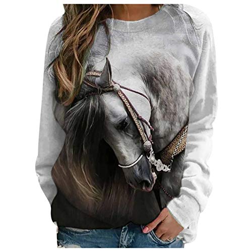 Mysight Pullover Damen Pferd Drucken Sweatshirt Langarmshirt Langarm Rundhals Shirts Herbst Winter Pulli Tops Oberteile von Mysight