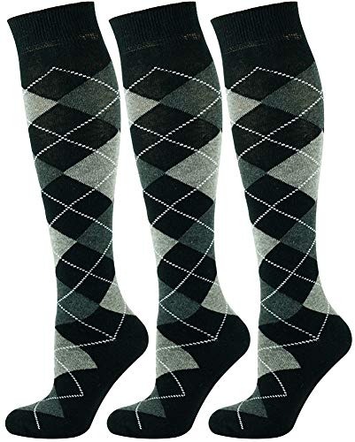 Mysocks 3 Paare Unisex Kniestrümpfe Argyle Socken schwarz Dunkel anthrazit weiße Linie von Mysocks