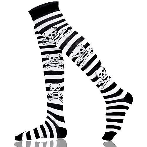 Mysocks Damen Überknie Kniestrümpfe Overknee-Strümpfe, Baumwolle Lange Gestreifte Socken, Schädel Streifen Weiß 38-43 von Mysocks