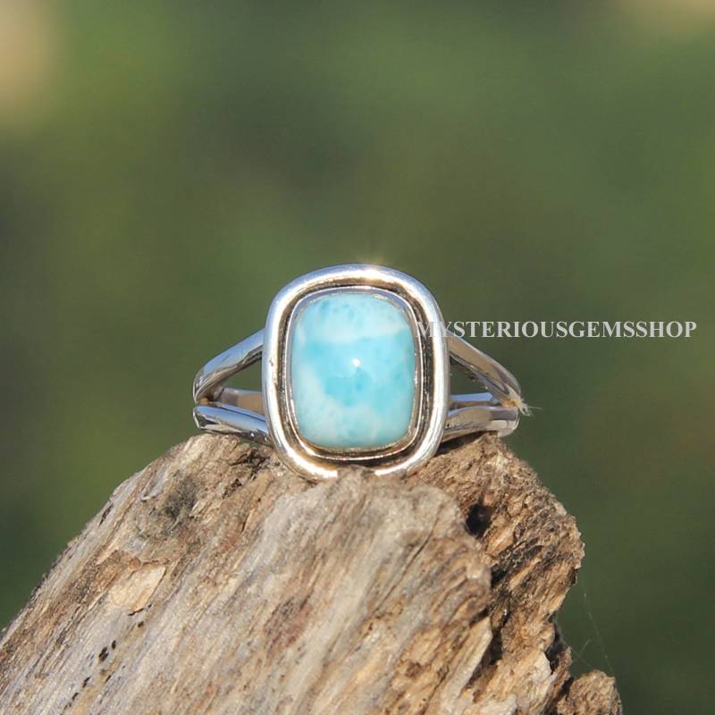 Larimar Ring Sterling Silber Statement Edelstein Blauer Stein Brautring Ehering Bio von MysteriousgemsShop