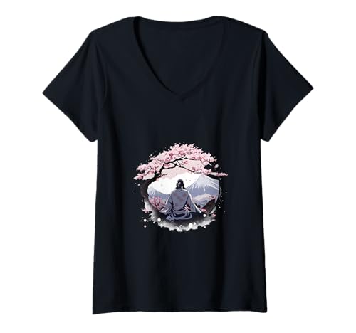 Damen Japanischer Samurai-Bushido-Sakura-Baum Mt Fuji Hakone Grafik T-Shirt mit V-Ausschnitt Damen Japanischer Samurai-Bushido-Sakura-Baum Mt Fuji Hakone Grafik T-Shirt mit V-Ausschnitt von Mystic Art Craft