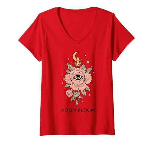 Damen Mystische Blume mit Auge und Mond Symbol Boho Tattoo Kunst T-Shirt mit V-Ausschnitt Damen Mystische Blume mit Auge und Mond Symbol Boho Tattoo Kunst T-Shirt mit V-Ausschnitt von Mystic Bloom Art by Christine-Krahl