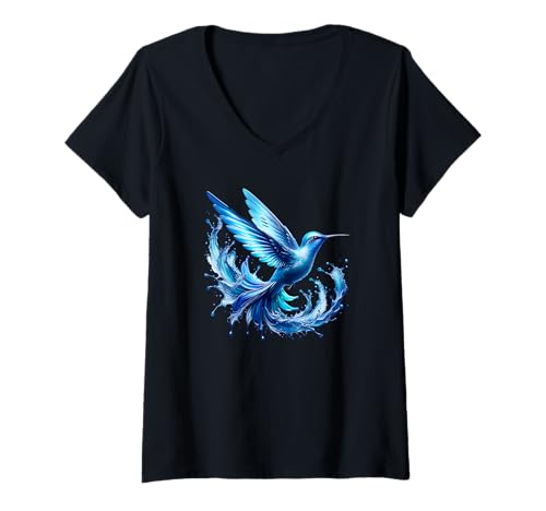 Damen Blauer Kolibri Splash Art Nature Lover's Dream T-Shirt mit V-Ausschnitt Damen Blauer Kolibri Splash Art Nature Lover's Dream T-Shirt mit V-Ausschnitt von Mystic Blue Flight Art Lovers Fashion