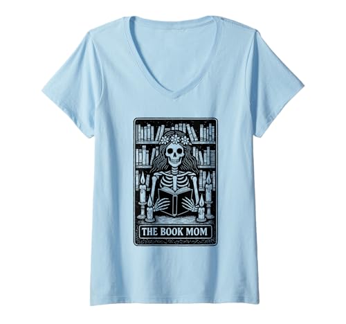 Damen The Book Mom Skelett Lesen Hexe Gothic T-Shirt mit V-Ausschnitt von Mystic Book Mama Designs