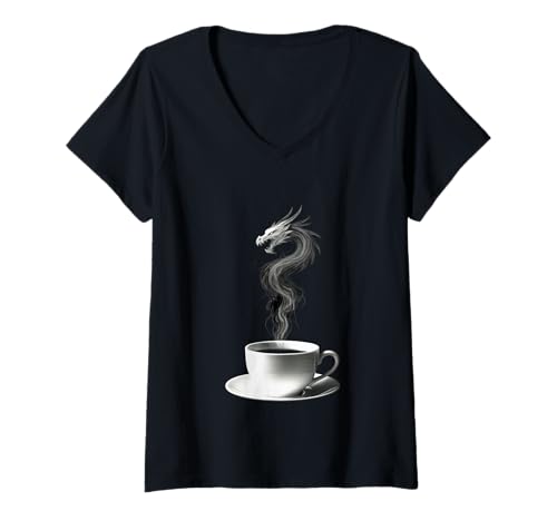 Damen Kaffeetasse mit Dampf in Drachenform T-Shirt mit V-Ausschnitt Damen Kaffeetasse mit Dampf in Drachenform T-Shirt mit V-Ausschnitt von Mystic Brew