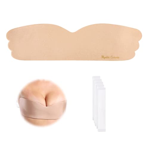 Bandeau-BH, selbstklebend, Push Up + 5 Klebestreifen + Tasche | Beige satiniert | unsichtbar wiederverwendbar Damen | Brüste gerade | BH rückenfrei ohne Träger | waschbar, Satin-Beige, B von Mystic Curves