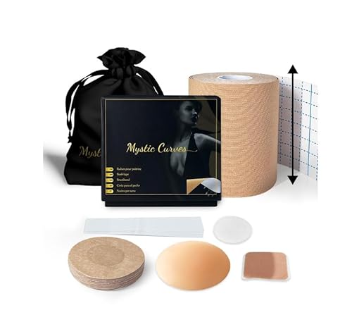 4 in 1 Set Premium Brustlifting | Ultra breites Klebeband 7,5cm*5m + Nippelpads Paare 2 Wiederverwendbare Silikone + 10 wegwerfbare + Scotch Kleidung | Boob Tape Push-Up Große Brust Klebe BH | A-D von Mystic Curves