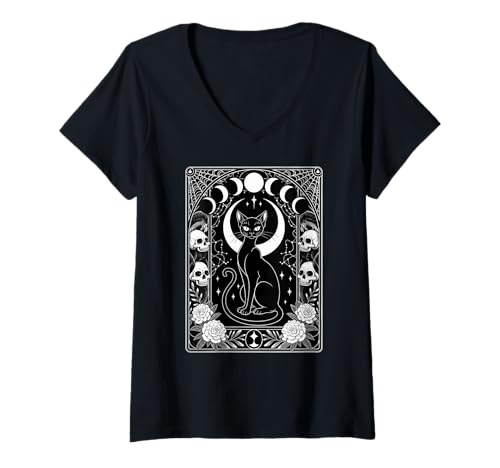 Damen Dunkle gotische Katze Mondphase Witchy Magic Lunar T-Shirt mit V-Ausschnitt von Mystic Gothic Cat & Lunar Witchy Designs