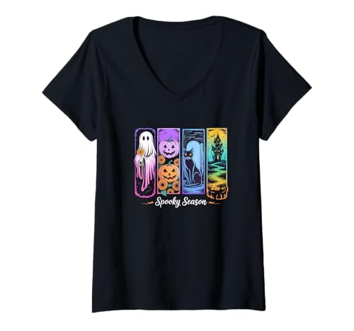 Damen Spooky Season Halloween Design Geist Kürbis Katze Spukhaus T-Shirt mit V-Ausschnitt Damen Spooky Season Halloween Design Geist Kürbis Katze Spukhaus T-Shirt mit V-Ausschnitt von Mystic Halloween Artworks