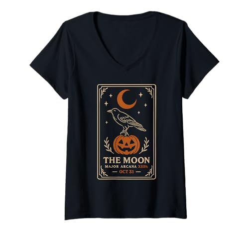 Damen Tarotkarte Der Mond, Halloween Krähe & Kürbis T-Shirt mit V-Ausschnitt Damen Tarotkarte Der Mond, Halloween Krähe & Kürbis T-Shirt mit V-Ausschnitt von Mystic Halloween Tarot