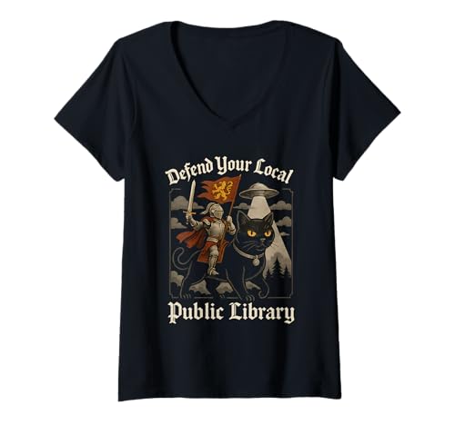 Damen Verteidigen Sie Ihre lokale Bibliothek Ritter Kreuzritter Katze UFO Kunstwerk T-Shirt mit V-Ausschnitt Damen Verteidigen Sie Ihre lokale Bibliothek Ritter Kreuzritter Katze UFO Kunstwerk T-Shirt mit V-Ausschnitt von Mystic Library Defenders Apparel