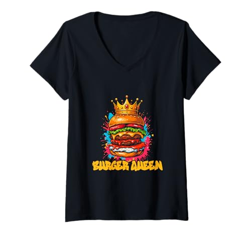 Damen Burger Queen Cheeseburger Lover Street Art im Graffiti-Stil T-Shirt mit V-Ausschnitt von Mystic Lilian