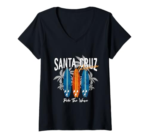 Damen California Surfer Santa Cruz Longboard Surfen Vintage Retro T-Shirt mit V-Ausschnitt von Mystic Lilian