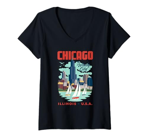 Damen Chicago Skyline — Die windige Stadt am Michigansee — Segeln im Retro-Look T-Shirt mit V-Ausschnitt von Mystic Lilian