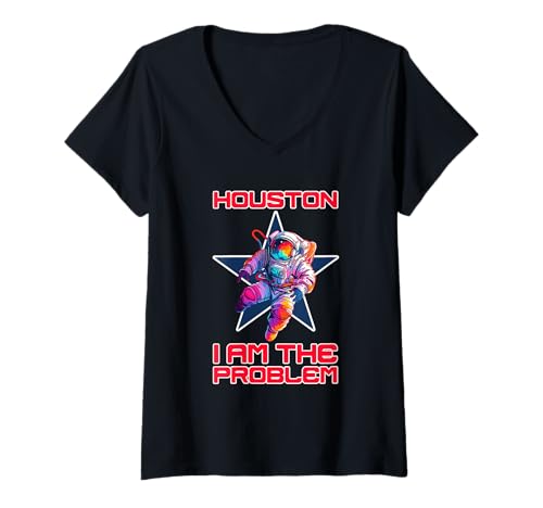 Damen Houston Ich Bin das Problem Bunter Astronaut Lustiges Houston T-Shirt mit V-Ausschnitt von Mystic Lilian